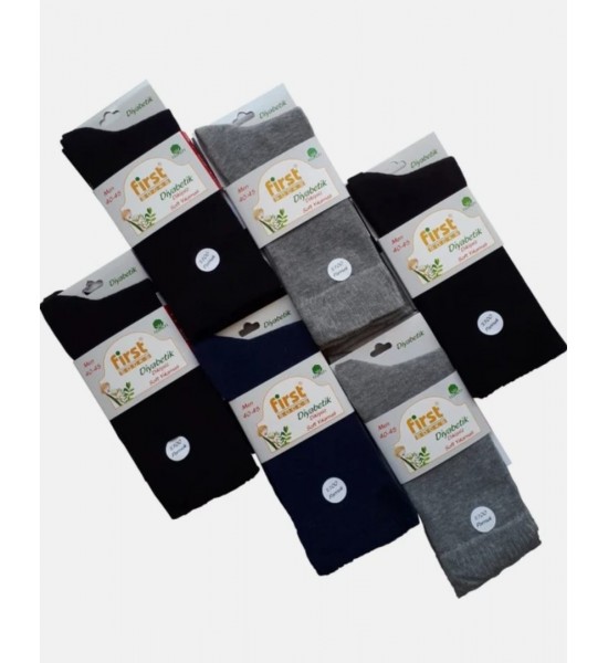 FİRST ERKEK PAMUKLU DİYABETİK ŞEKER ÇORABI 6 ÇİFT - Karışık Renklerde