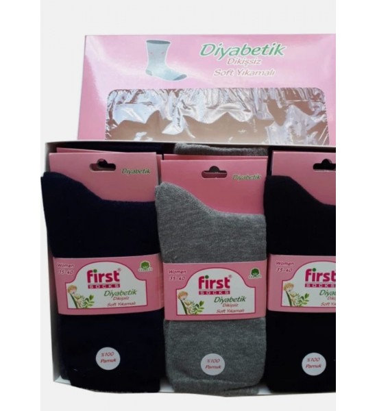 FİRST KADIN PAMUKLU DİYABETİK ŞEKER ÇORABI 6 ÇİFT - RENKLİ