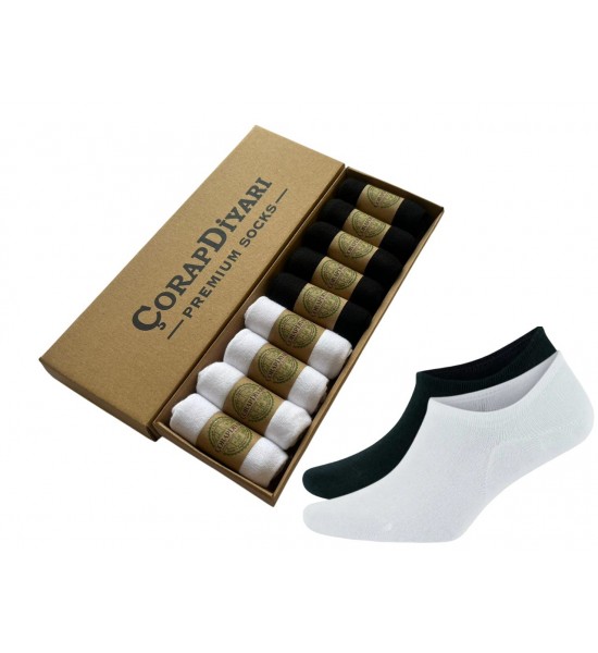Çorapdiyari Premium Bambu Erkek Sneaker Görünmez Bilek Altı Spor Bayan Patik Çorap 9 lu Özel Kutu - Siyah - Beyaz